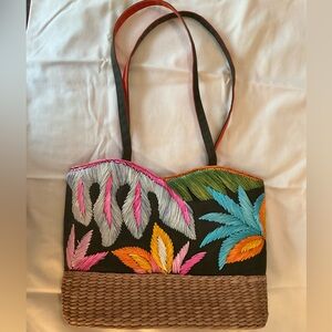 NWOT Embroidered Tropical Small Tote Bag in army green with Multicolor Accents
